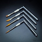 Four Set 35 pocket brushes with handles bent at right angles showing brush heads and reversible caps with Rosemary & Co branding