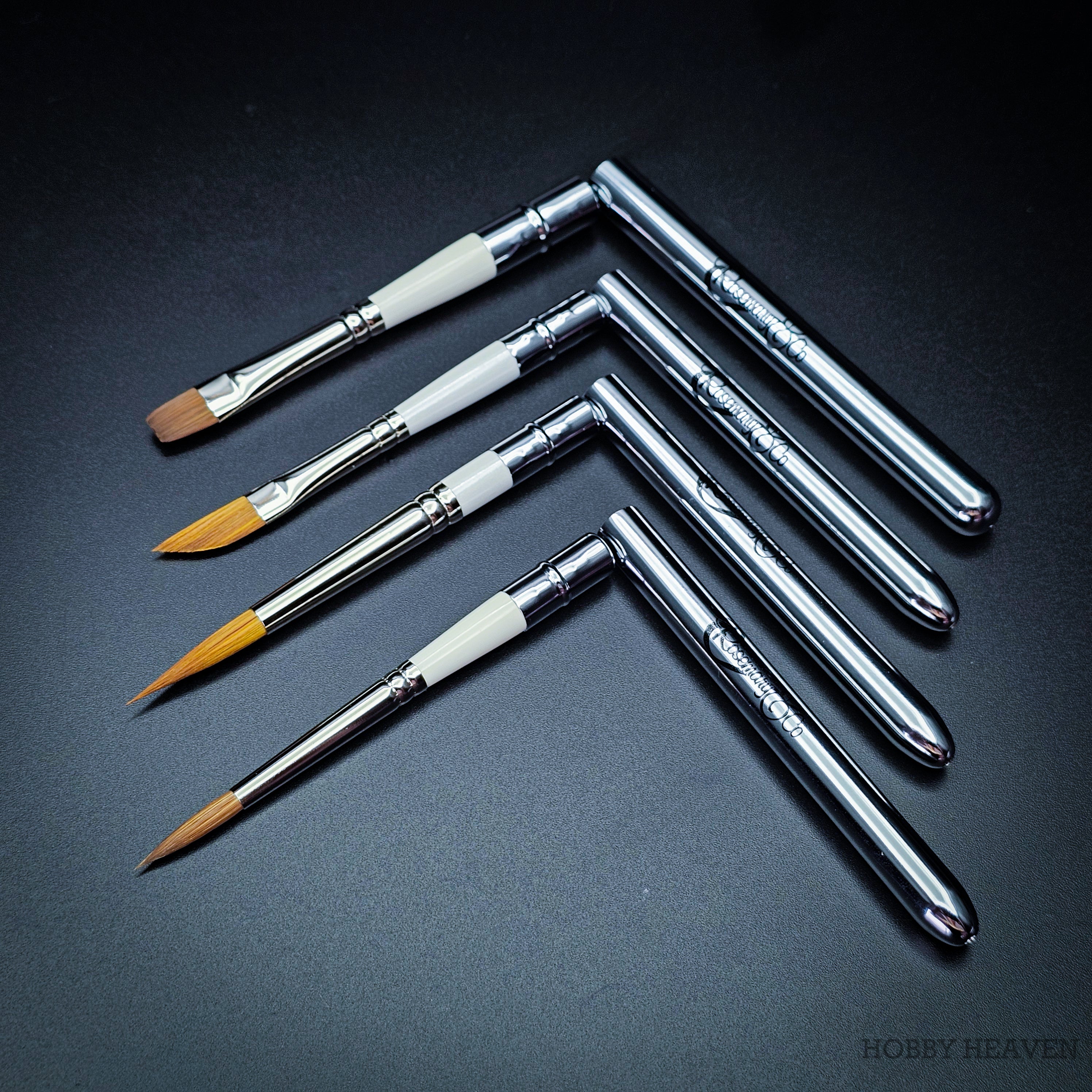 Four Set 35 pocket brushes with handles bent at right angles showing brush heads and reversible caps with Rosemary & Co branding