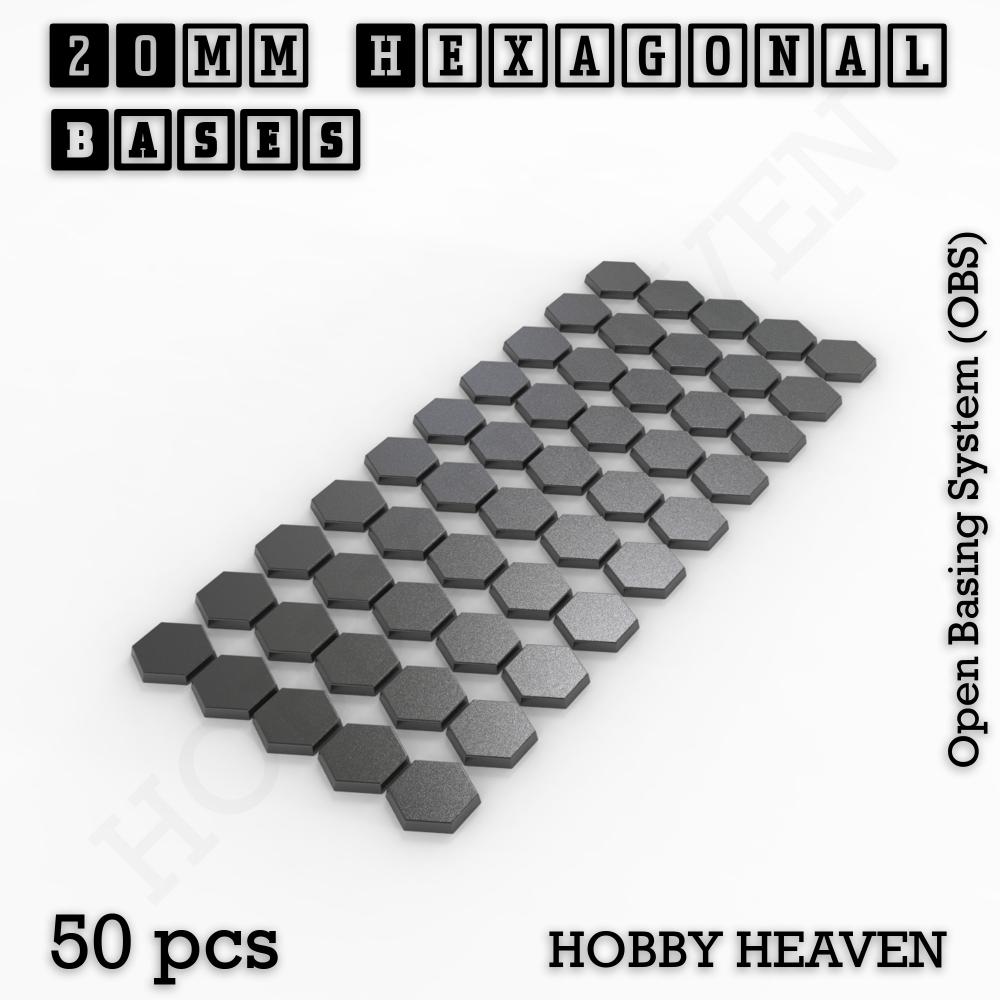 Pack of 50 black 3D-printed 20 mm hexagonal wargaming bases, arranged on a plain background.