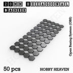 Pack of 50 black 3D-printed 20 mm hexagonal wargaming bases, arranged on a plain background.