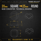 Square to Round Base Converters 3D Print Full Range
