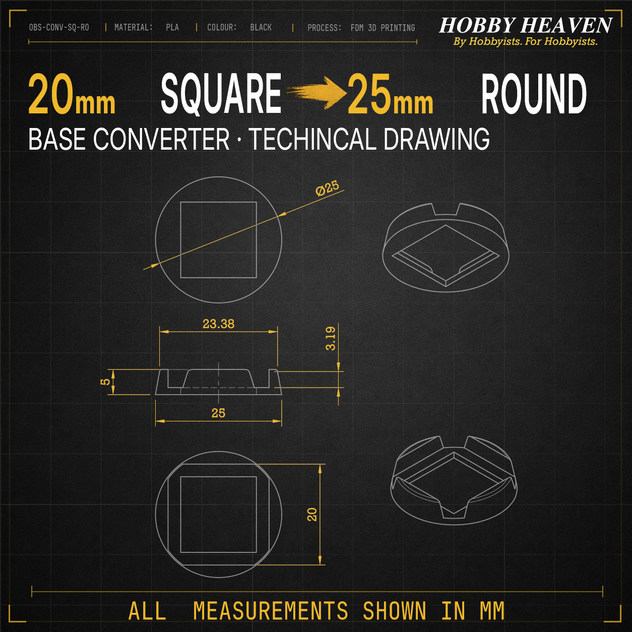 Square to Round Base Converters 3D Print Full Range