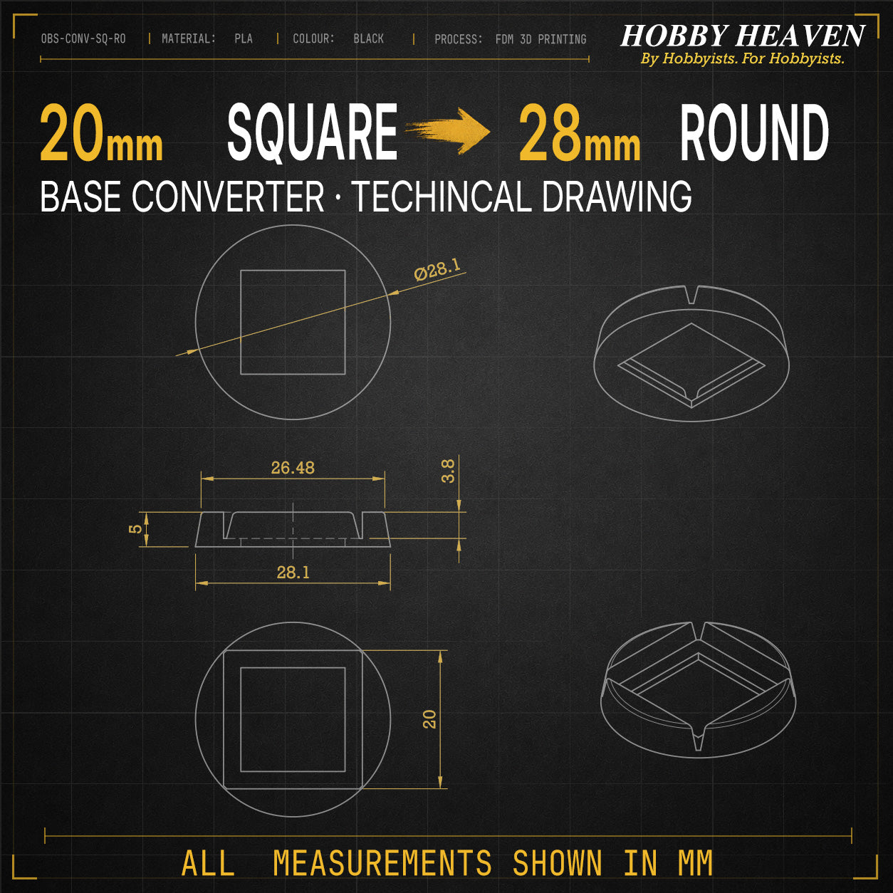 Square to Round Base Converters 3D Print Full Range