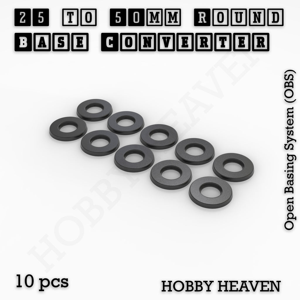 Pack of 10 black 3D-printed round base converters, 25 mm base to 50 mm, shown loose on white.