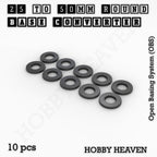 Pack of 10 black 3D-printed round base converters, 25 mm base to 50 mm, shown loose on white.