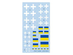 The decal sheet: white crosses and Ukrainian flags