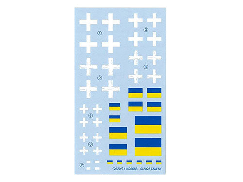 The decal sheet: white crosses and Ukrainian flags
