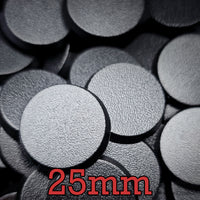 Top view of 25mm round ABS plastic bases for Warhammer miniatures, showing textured finish.
