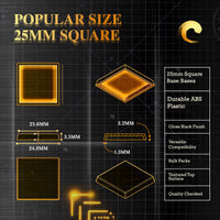 Technical drawing of 25mm square base: top/side views, dimensions, surface texture details, edge profile for miniature wargaming
