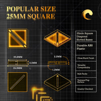 Technical drawing of 25mm diagonal slott square base: top/side views, dimensions, surface texture details, edge profile for miniature wargaming
