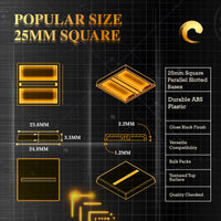 Technical drawing of 25mm parallel slot square base: top/side views, dimensions, surface texture details, edge profile for miniature wargaming
