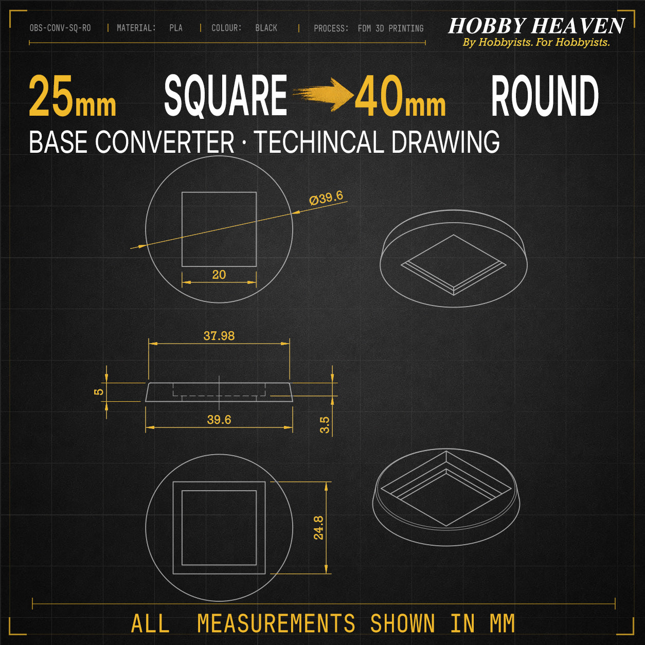 Square to Round Base Converters 3D Print Full Range