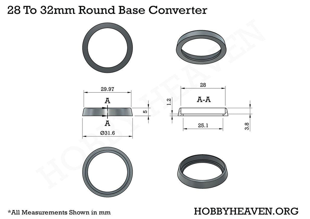 25mm to 28mm Round Base Converters ABS Plastic