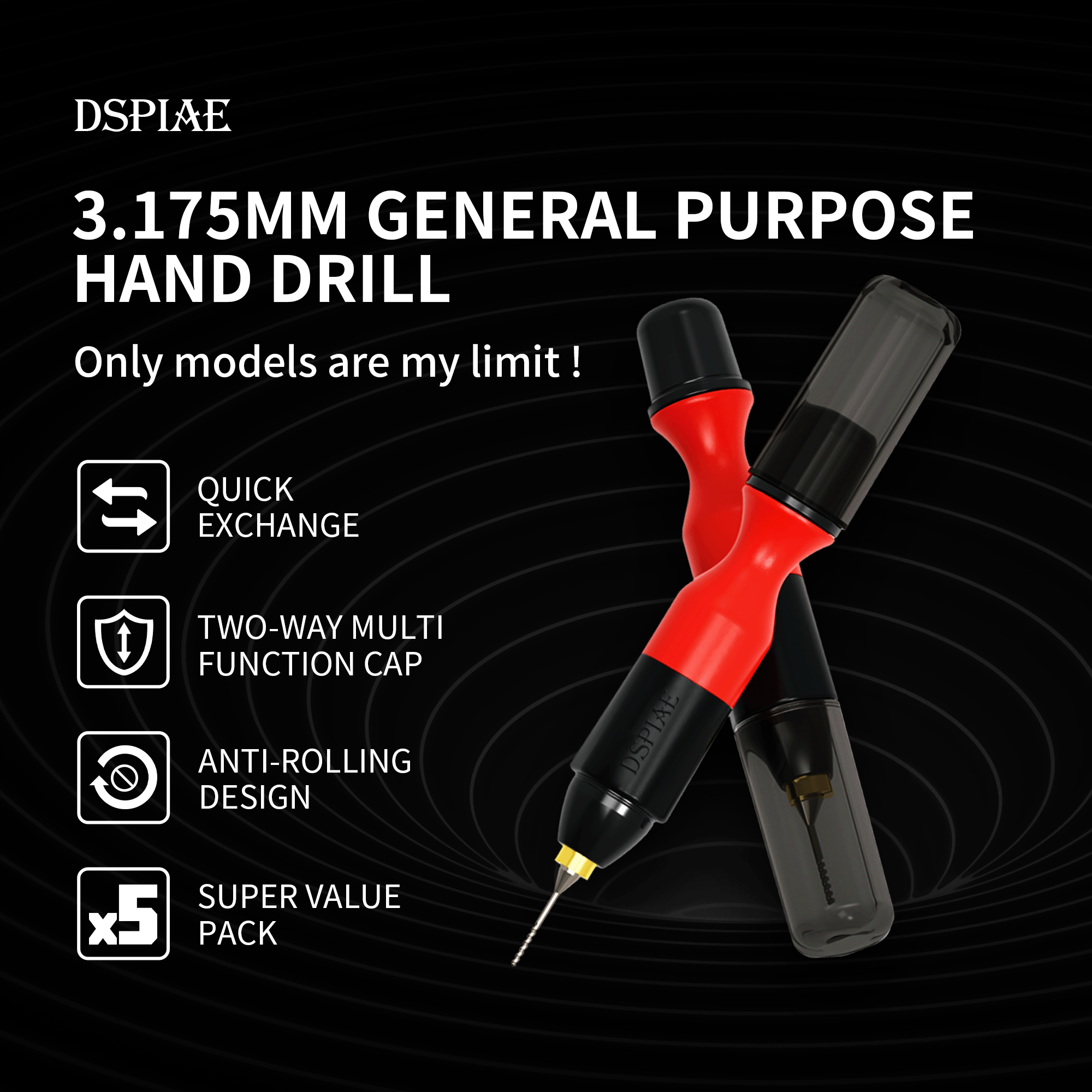 PT-HD feature overview: quick-exchange chuck, two-way cap, anti-rolling design, five bits