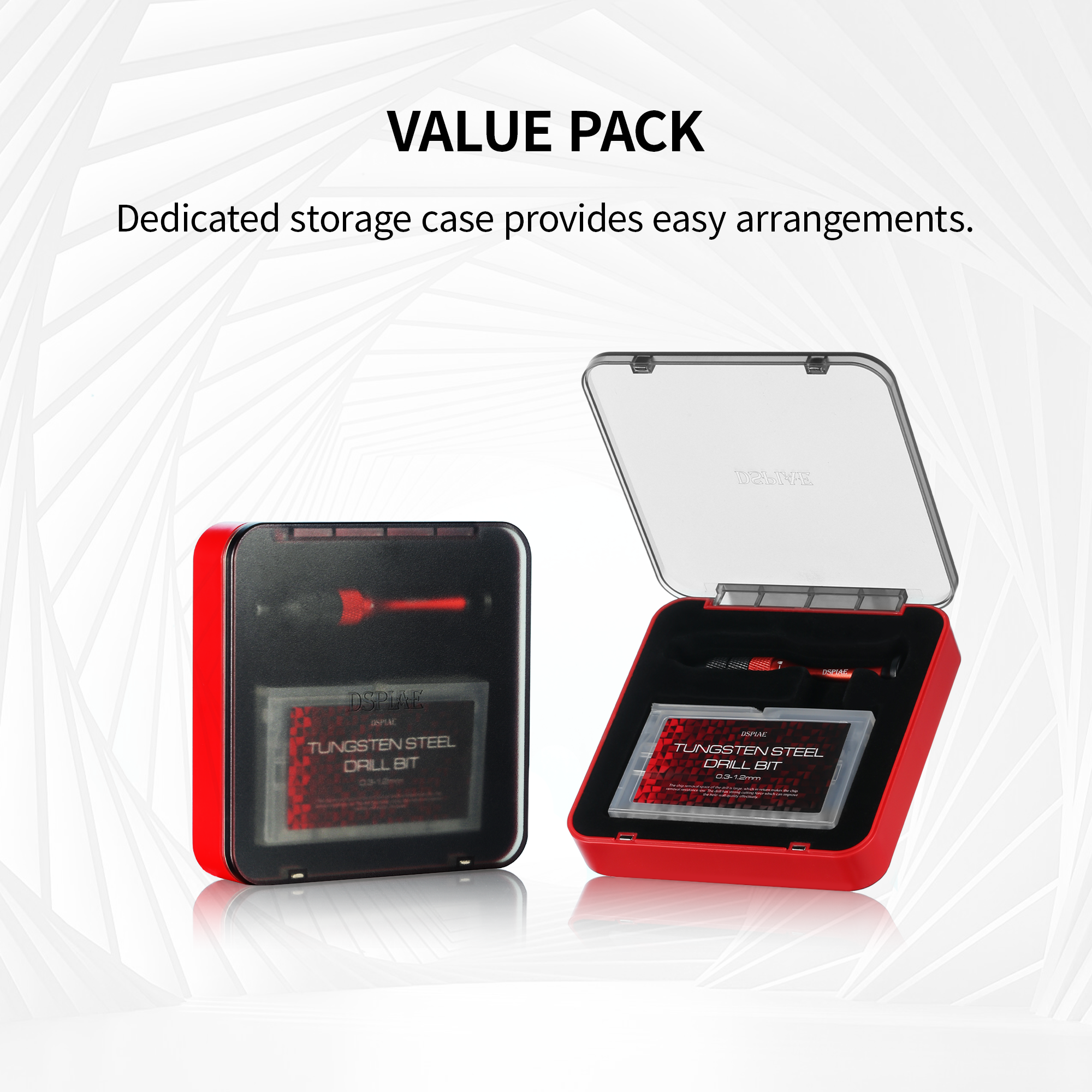 AT-SHD red metal storage case open with drill and bit set, and closed view