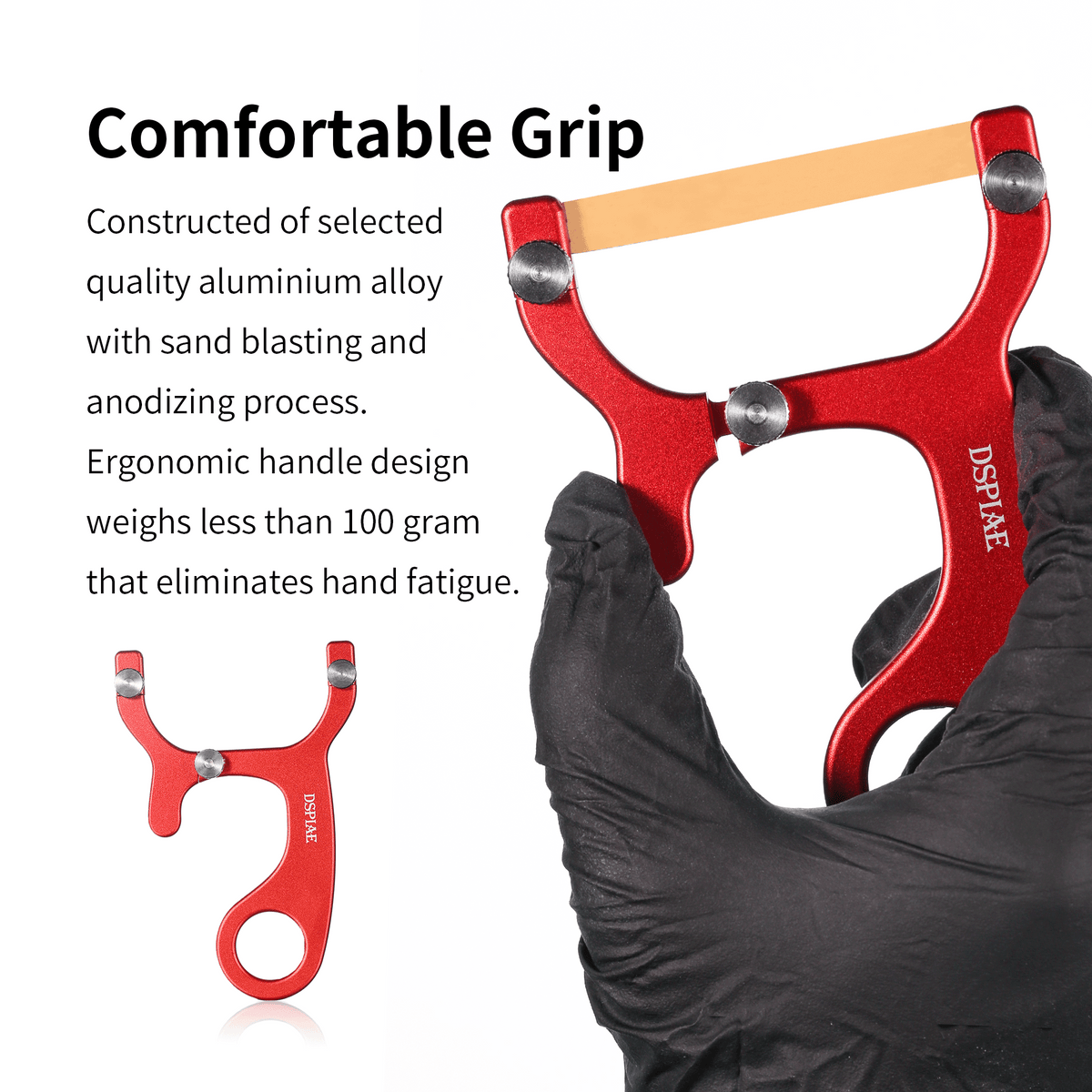 Comfortable grip graphic: the anodised aluminium AT-CSS held in a hand, quoted at under 100 grams