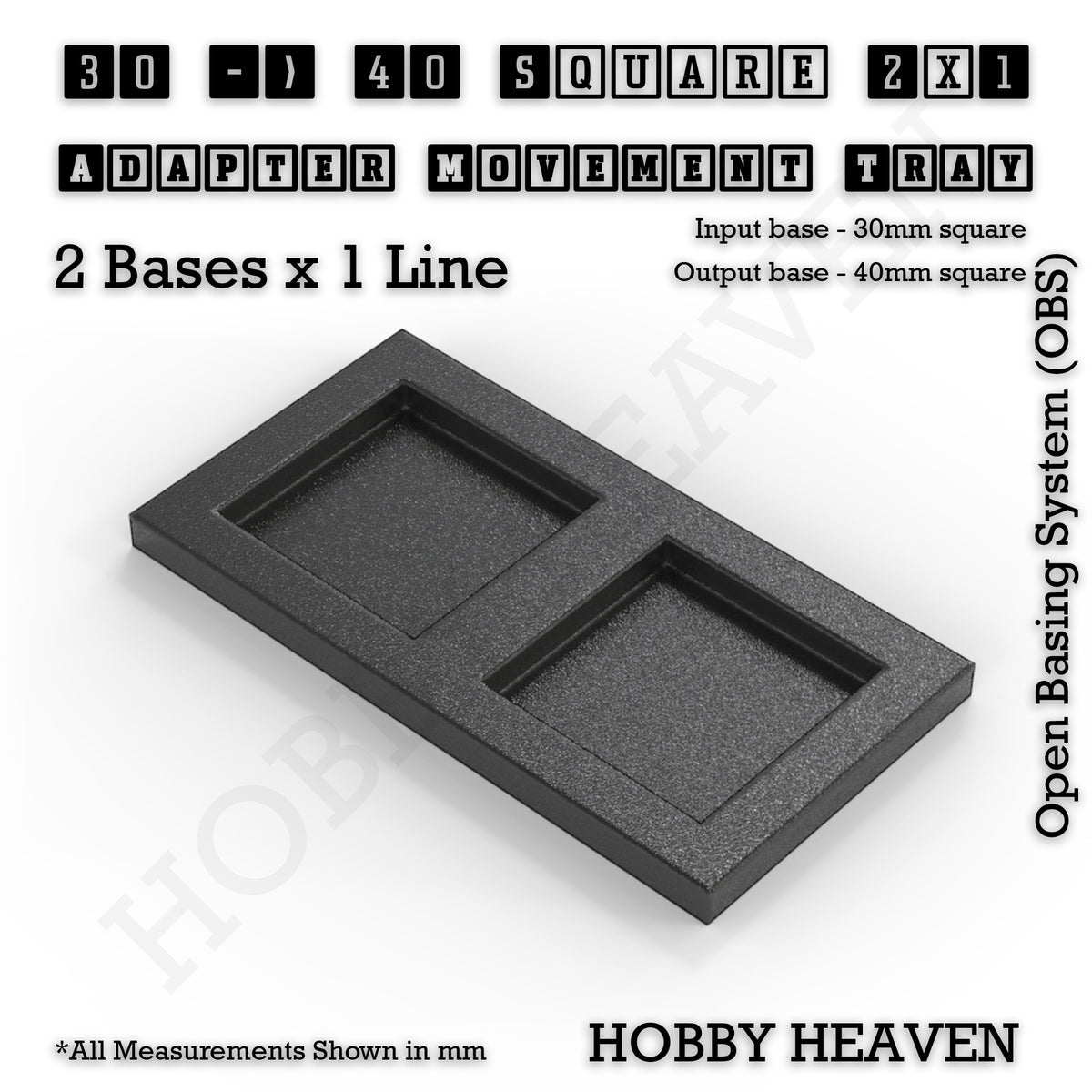 CGI render of the 30 to 40 mm square adapter, 2 × 1 formation, with 2 seats for 30 mm square bases.