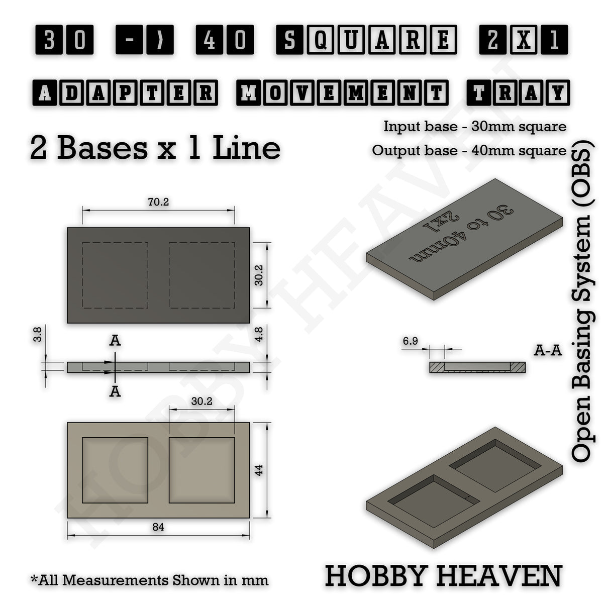 Technical drawing of the 30 to 40 mm square adapter, 2 × 1 formation: 84 × 44 mm overall, 4.8 mm tall.