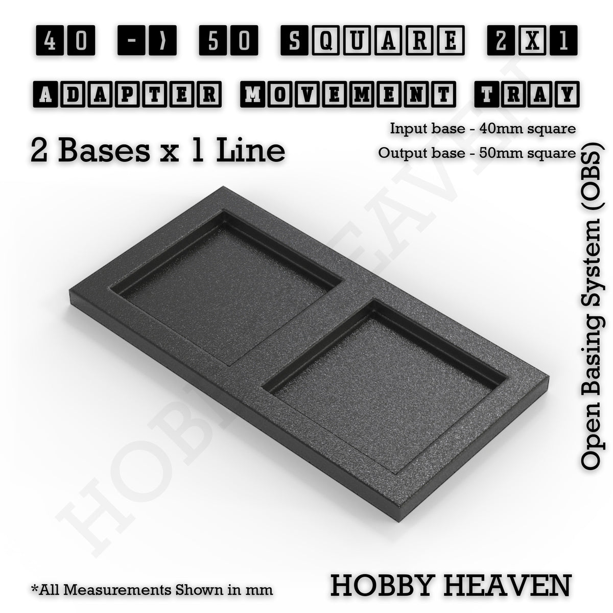 CGI render of the 40 to 50 mm square adapter, 2 × 1 formation, with 2 seats for 40 mm square bases.