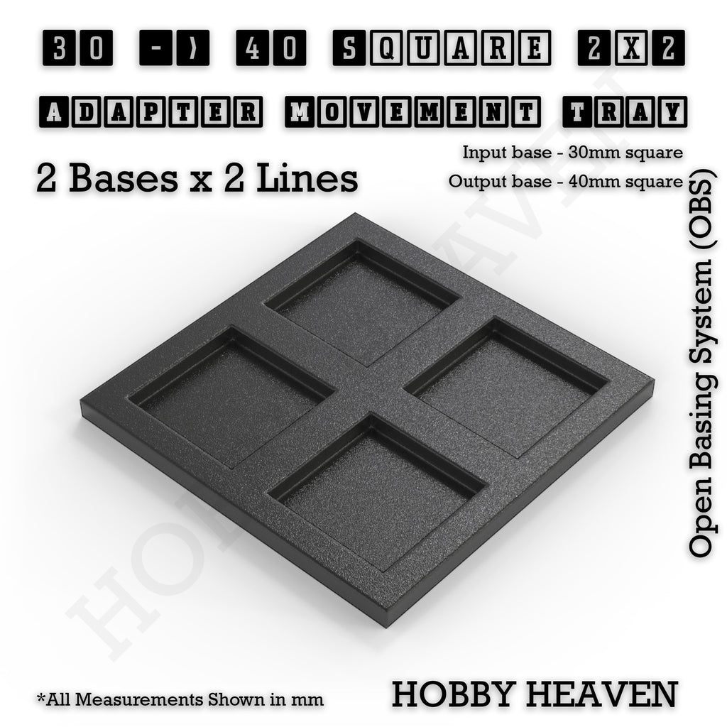 CGI render of the 30 to 40 mm square adapter, 2 × 2 formation, with 4 seats for 30 mm square bases.