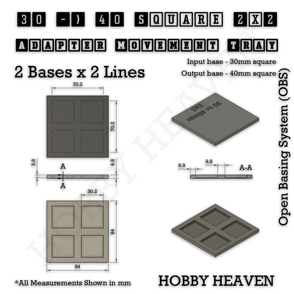 Technical drawing of the 30 to 40 mm square adapter, 2 × 2 formation: 84 × 84 mm overall, 4.8 mm tall.