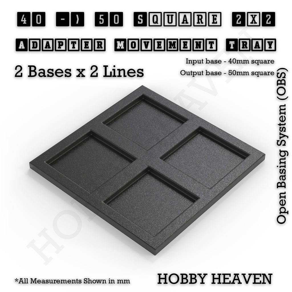 CGI render of the 40 to 50 mm square adapter, 2 × 2 formation, with 4 seats for 40 mm square bases.