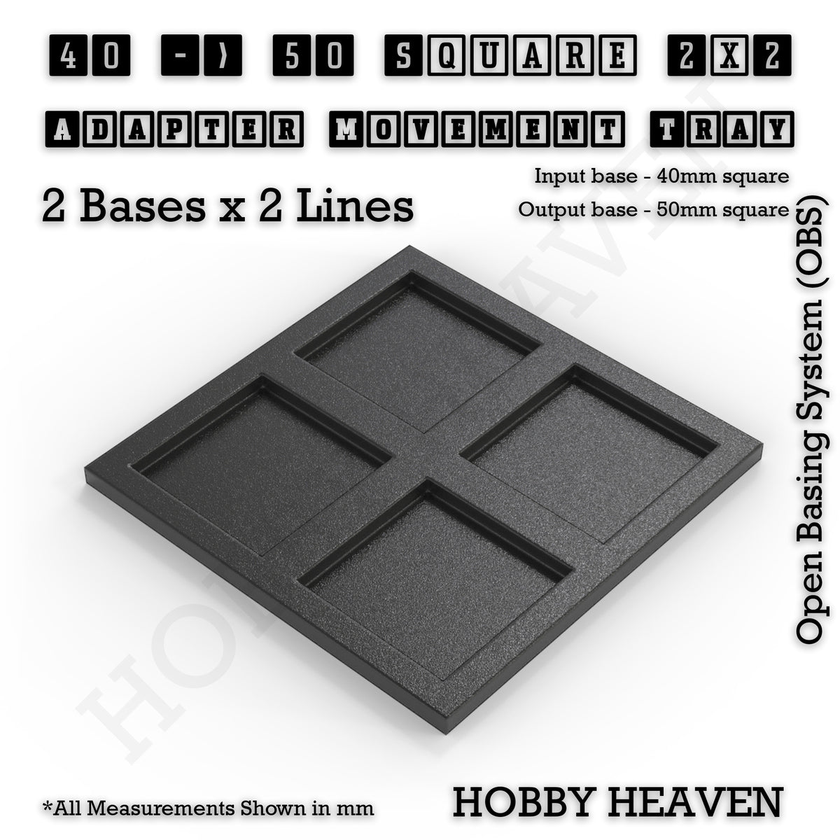 CGI render of the 40 to 50 mm square adapter, 2 × 2 formation, with 4 seats for 40 mm square bases.