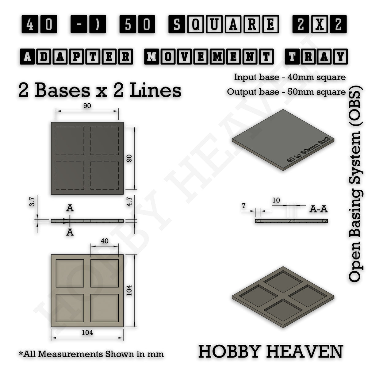 Technical drawing of the 40 to 50 mm square adapter, 2 × 2 formation: 104 × 104 mm overall, 4.7 mm tall.