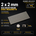 Overview panel for 2 x 2 mm N42 neodymium disc magnets - 90 g calculated pull to steel at zero gap, NiCuNi plating, axial magnetisation