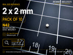 Single 2 x 2 mm N42 neodymium disc magnet shown at real size on a half-inch reference grid
