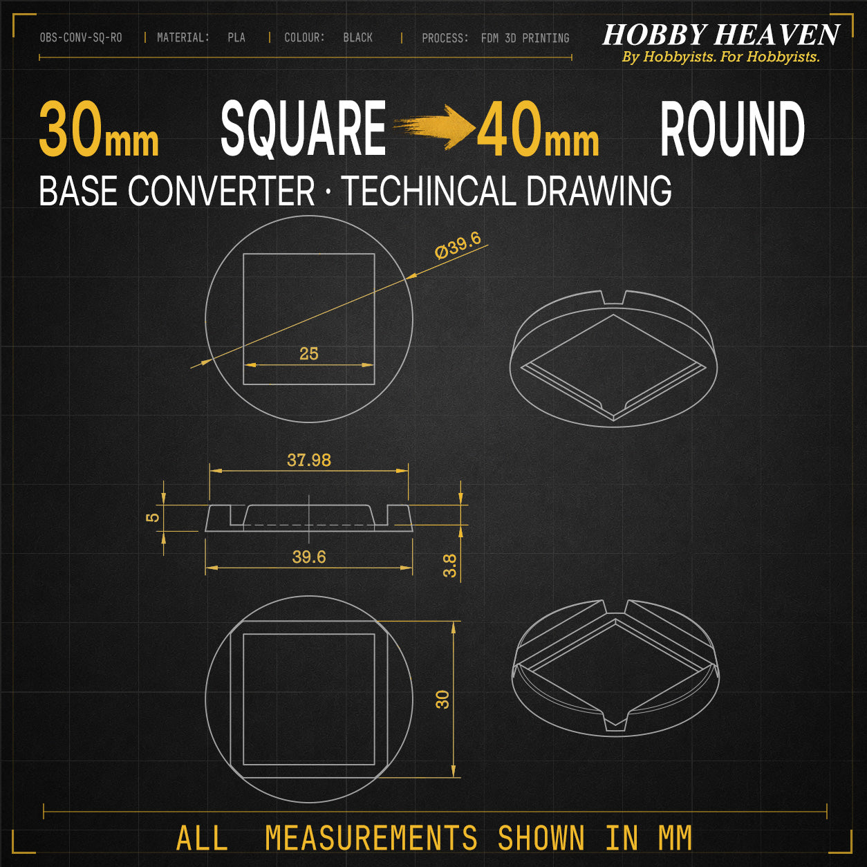 Square to Round Base Converters 3D Print Full Range