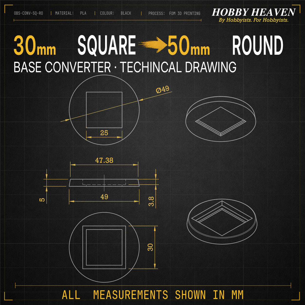 Square to Round Base Converters 3D Print Full Range