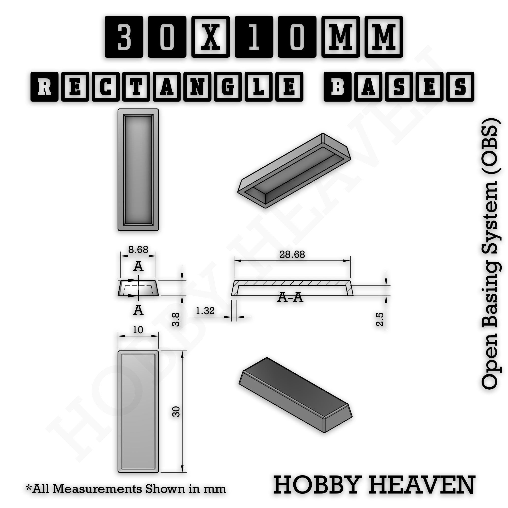 Rectangle Bases Range Sizes - 75x30mm to 125x40mm Medium Sizes 3d Print Full Range Tabletop Games