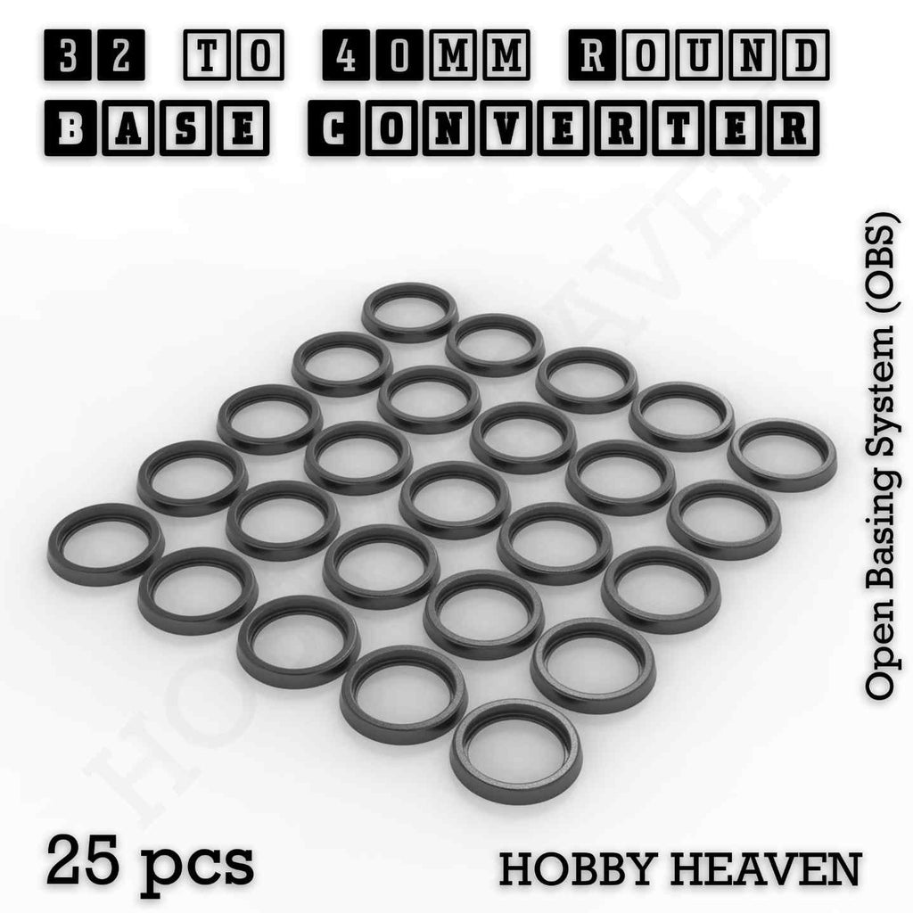 Pack of 25 black 3D-printed round base converters, 32 mm base to 40 mm, shown loose on white.