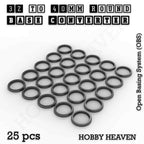 Pack of 25 black 3D-printed round base converters, 32 mm base to 40 mm, shown loose on white.