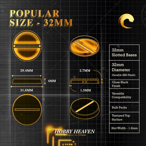 32mm round slotted bases technical drawing with dimensions - highlighting easy-to-use design, precise measurements, and modeling tips