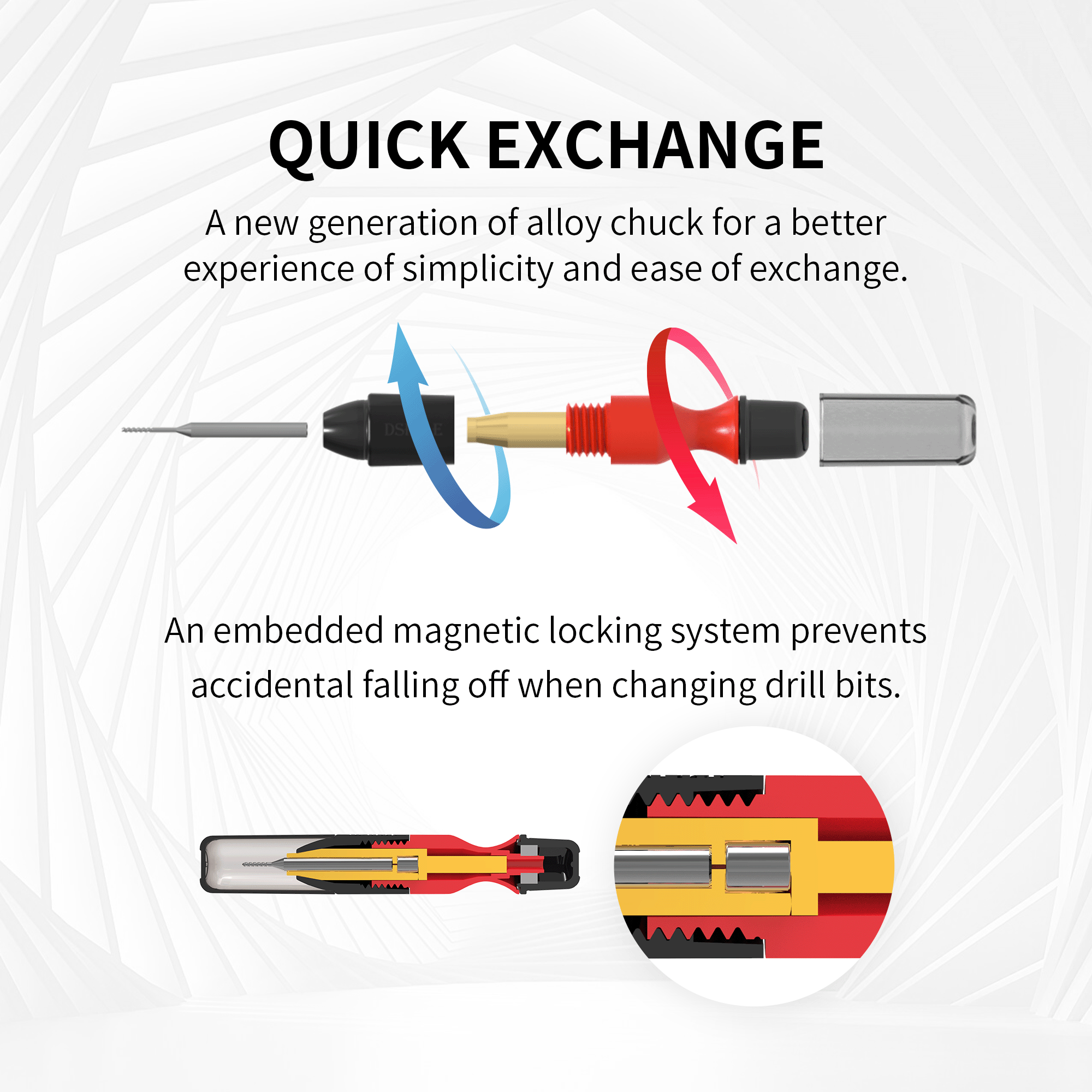 PT-HD quick-exchange alloy chuck with magnetic locking, exploded cross-section view