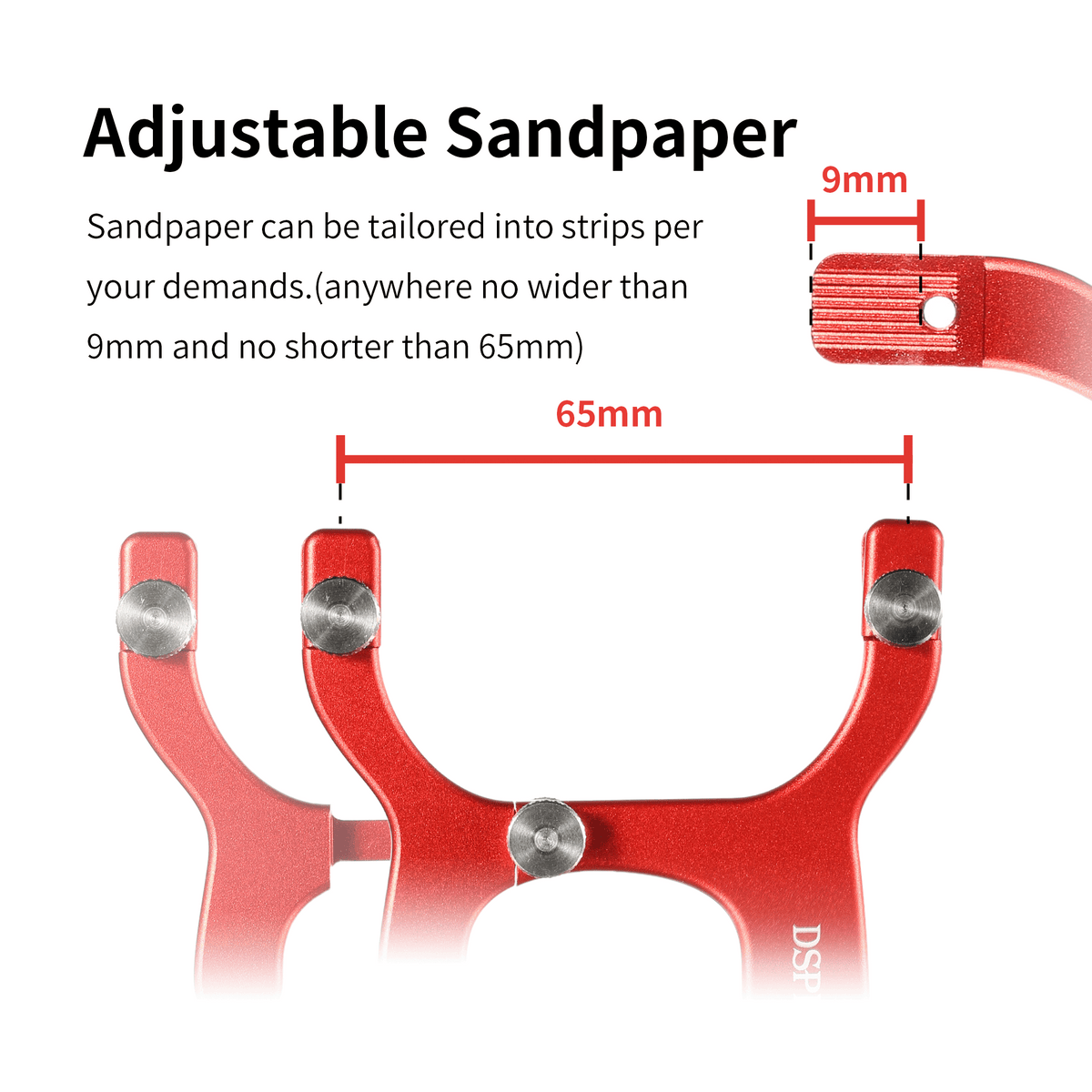 Adjustable sandpaper graphic: strips no wider than 9 mm and no shorter than 65 mm fit the AT-CSS