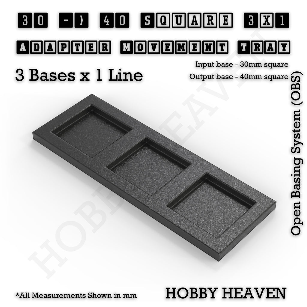 CGI render of the 30 to 40 mm square adapter, 3 × 1 formation, with 3 seats for 30 mm square bases.