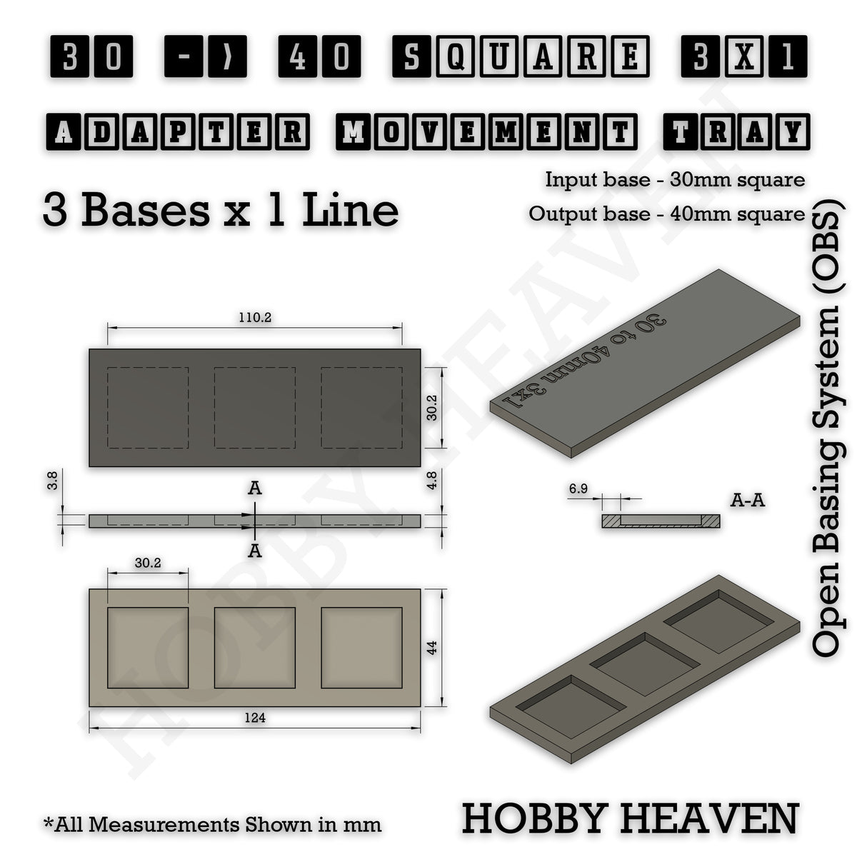 Technical drawing of the 30 to 40 mm square adapter, 3 × 1 formation: 124 × 44 mm overall, 4.8 mm tall.