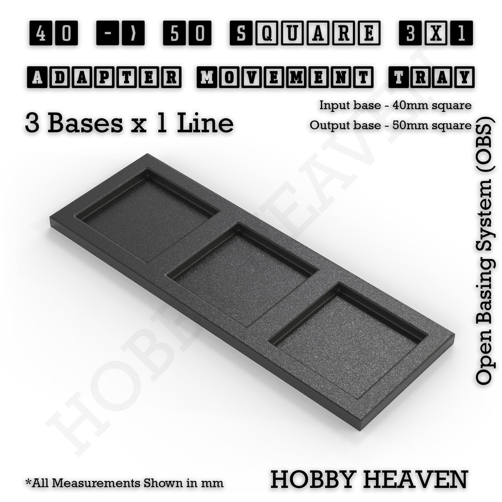 CGI render of the 40 to 50 mm square adapter, 3 × 1 formation, with 3 seats for 40 mm square bases.