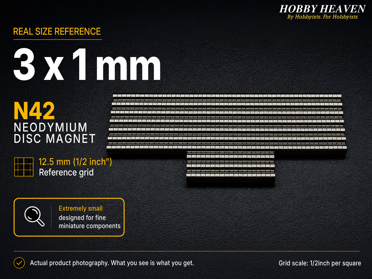Stacked rows of 3 x 1 mm N42 neodymium disc magnets shown at real size on a half-inch reference grid