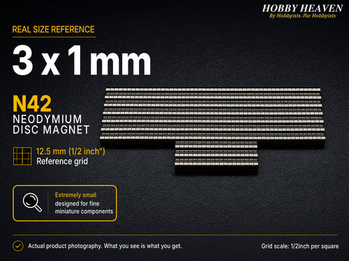 Stacked rows of 3 x 1 mm N42 neodymium disc magnets shown at real size on a half-inch reference grid