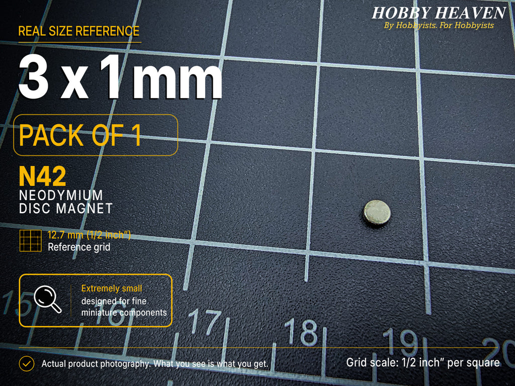 Pack of 1 - single 3 x 1 mm N42 neodymium disc magnet on a half-inch reference grid