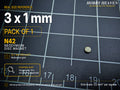 Pack of 1 - single 3 x 1 mm N42 neodymium disc magnet on a half-inch reference grid