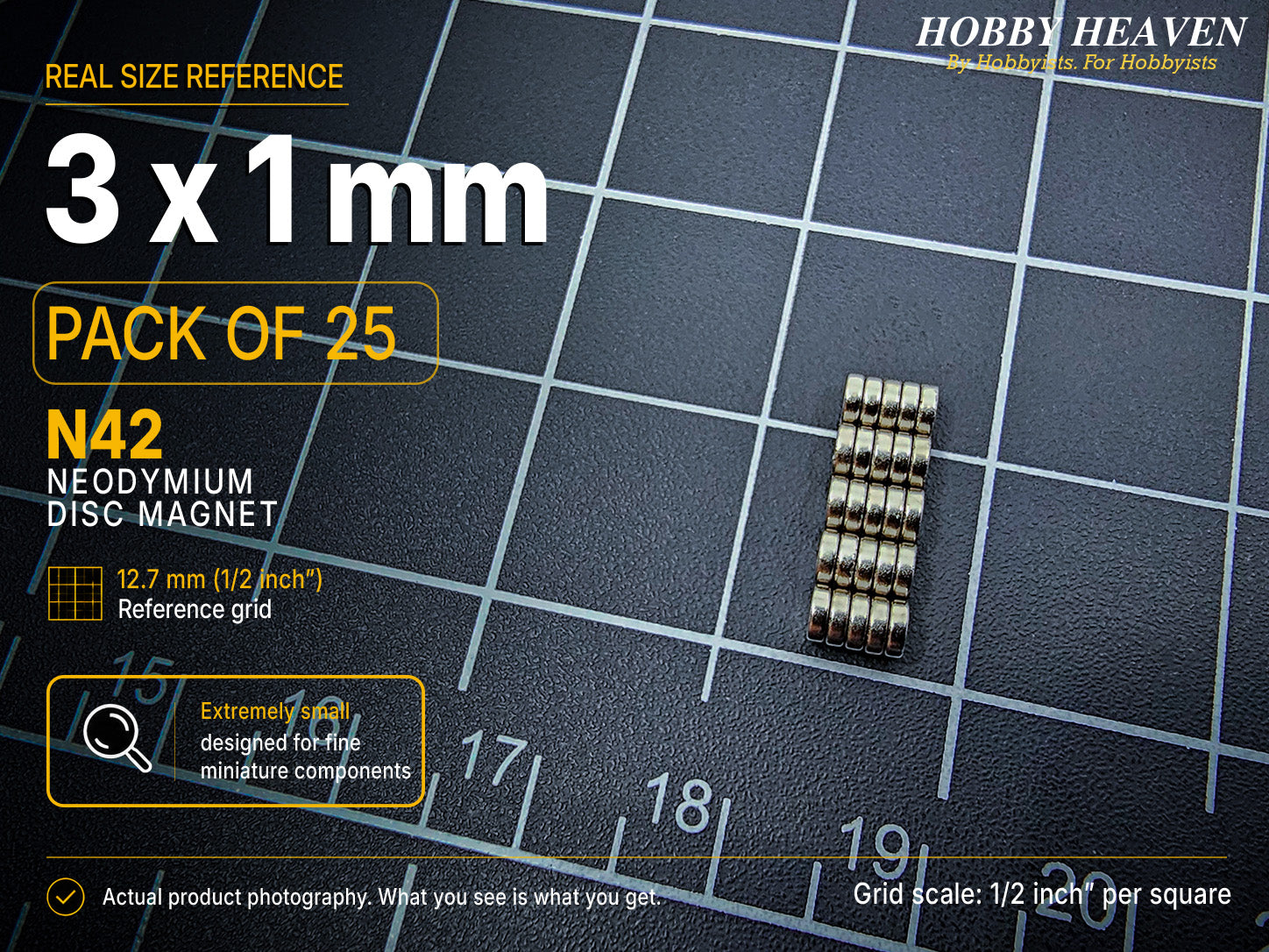 Pack of 25 - 3 x 1 mm N42 neodymium disc magnets in short stacked rows on a half-inch reference grid