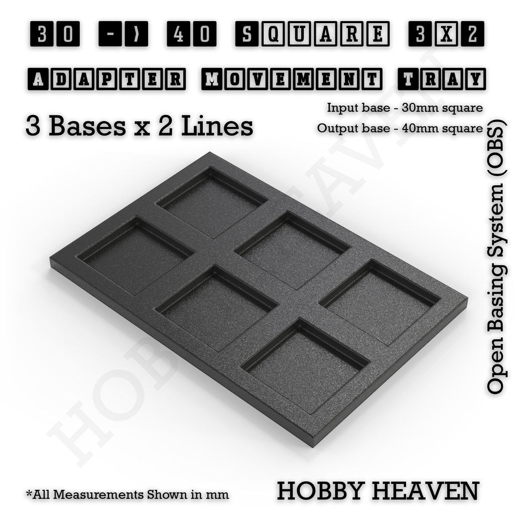 CGI render of the 30 to 40 mm square adapter, 3 × 2 formation, with 6 seats for 30 mm square bases.