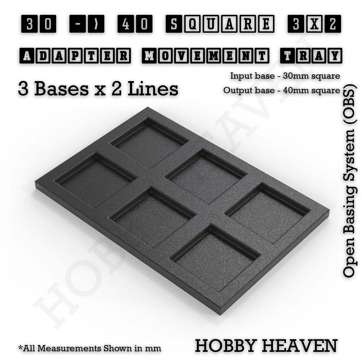 CGI render of the 30 to 40 mm square adapter, 3 × 2 formation, with 6 seats for 30 mm square bases.