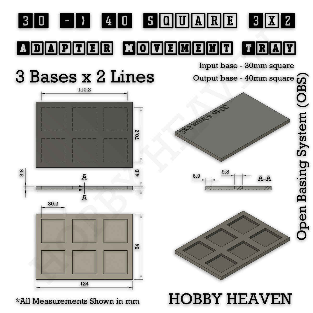 Technical drawing of the 30 to 40 mm square adapter, 3 × 2 formation: 124 × 84 mm overall, 4.8 mm tall.