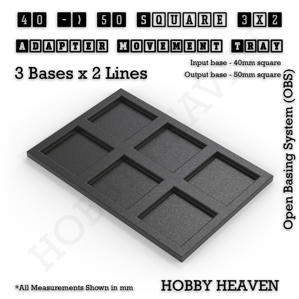 CGI render of the 40 to 50 mm square adapter, 3 × 2 formation, with 6 seats for 40 mm square bases.
